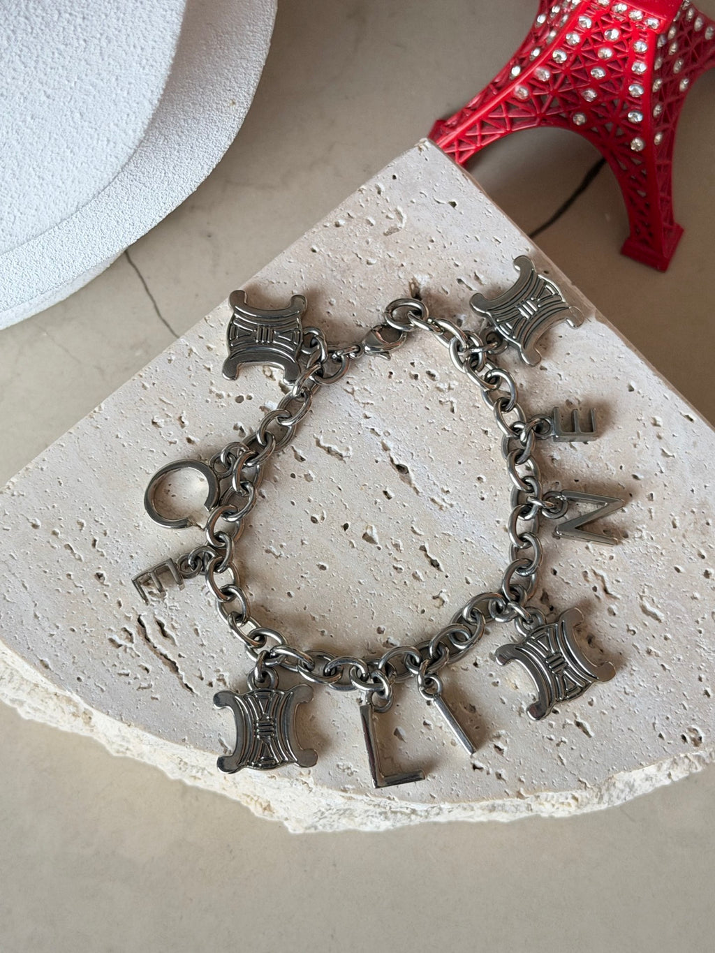 CELINE Triomphe Blazon and Alphabet  Letters Charm Chain Bracelet Silver