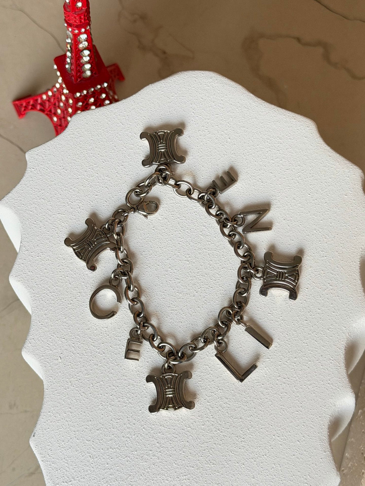 CELINE Triomphe Blazon and Alphabet  Letters Charm Chain Bracelet Silver