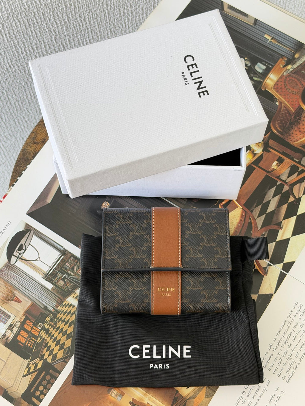 CELINE Triomphe Canvas and Calfskin Tan Trifold Wallet