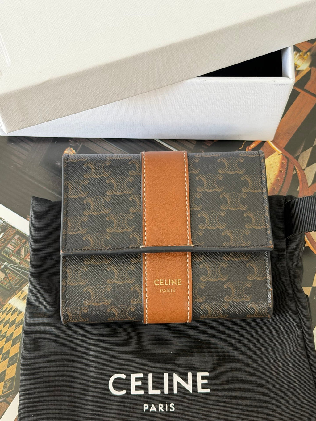 CELINE Triomphe Canvas and Calfskin Tan Trifold Wallet