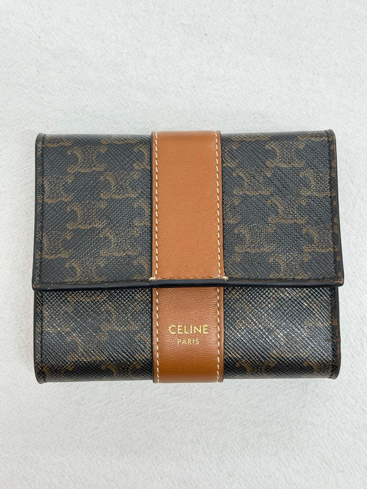 CELINE Triomphe Canvas and Calfskin Tan Trifold Wallet