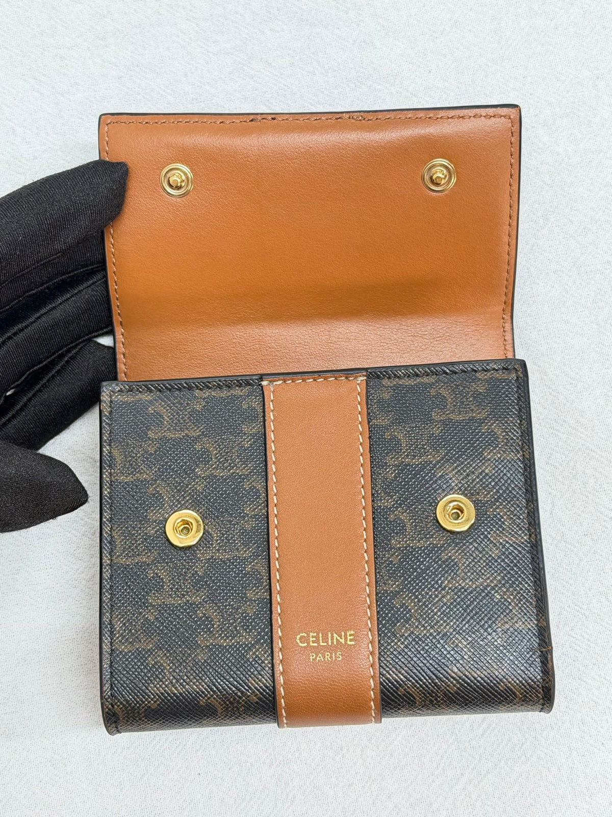 CELINE Triomphe Canvas and Calfskin Tan Trifold Wallet