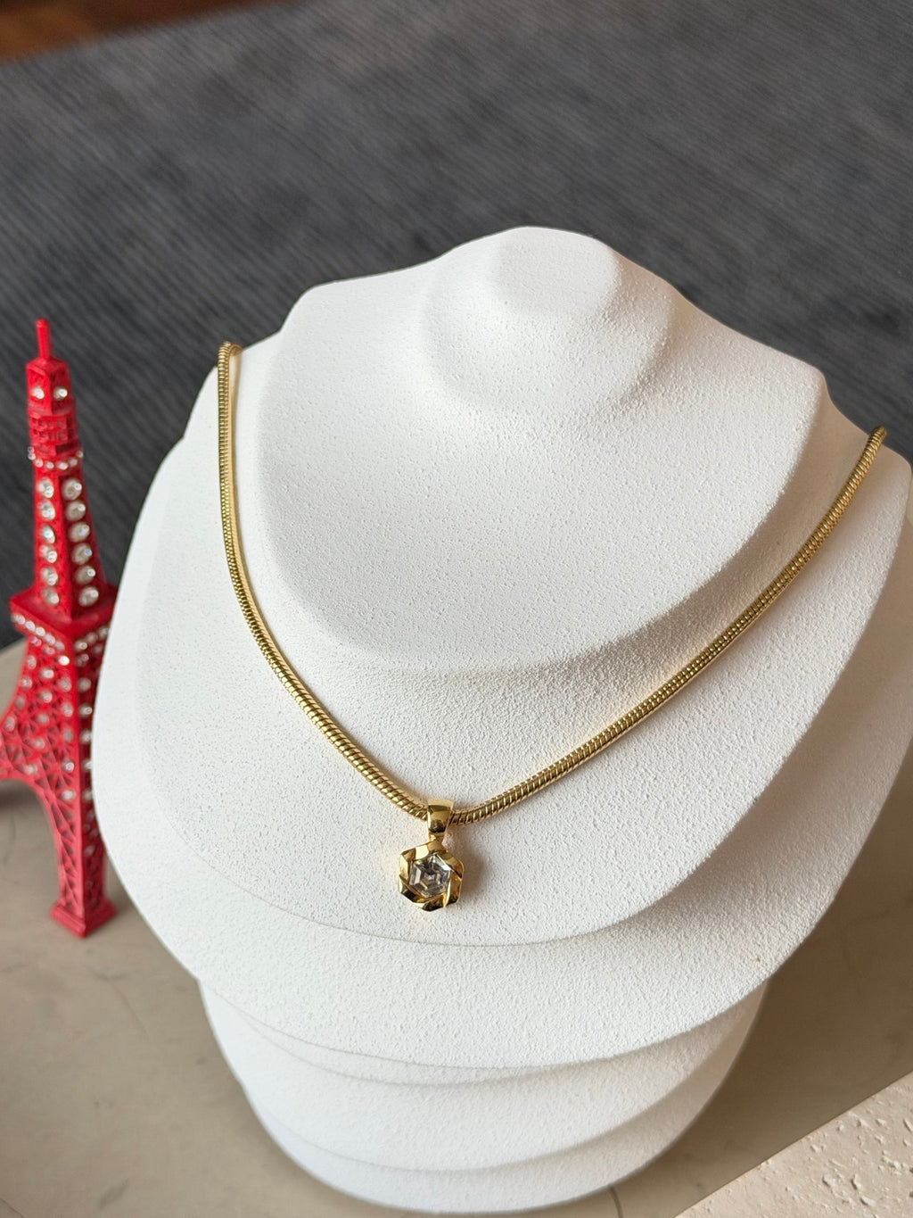 Christian Dior Rhinestone Rose Flower Bud Pendant Snake Chain Necklace