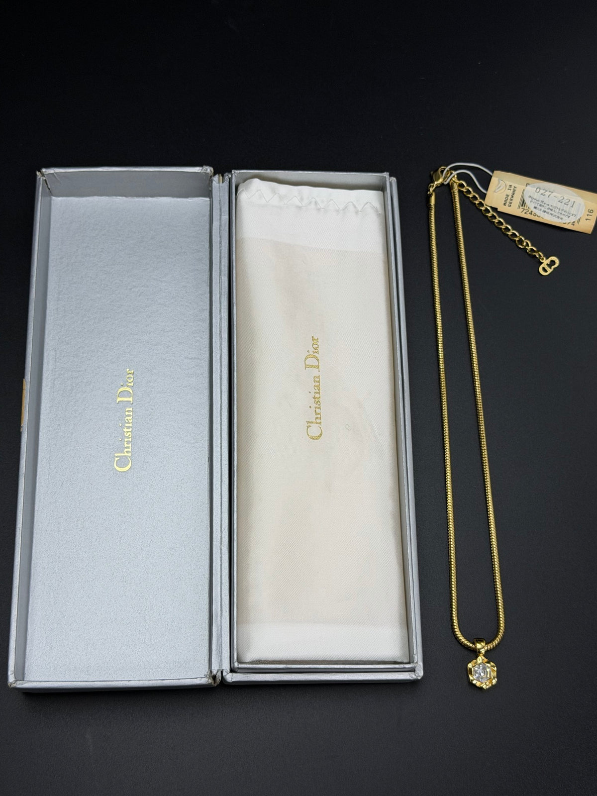 Christian Dior Rhinestone Rose Flower Bud Pendant Snake Chain Necklace