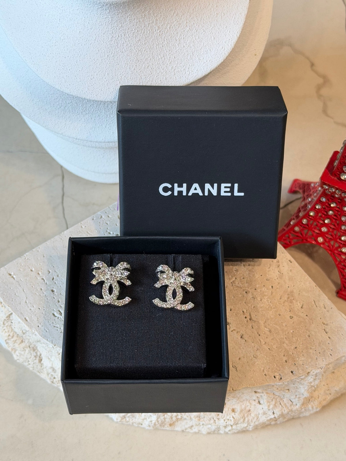 Chanel Classic Ribbon Bow CC Logo Crystal Embellished Stud Earrings