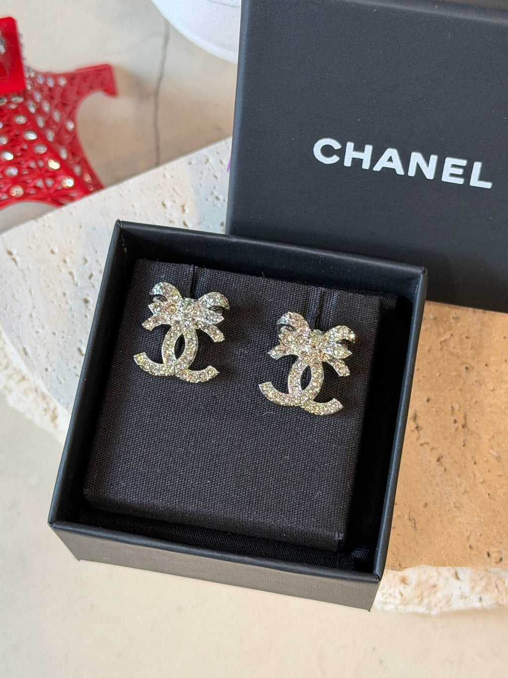 Chanel Classic Ribbon Bow CC Logo Crystal Embellished Stud Earrings
