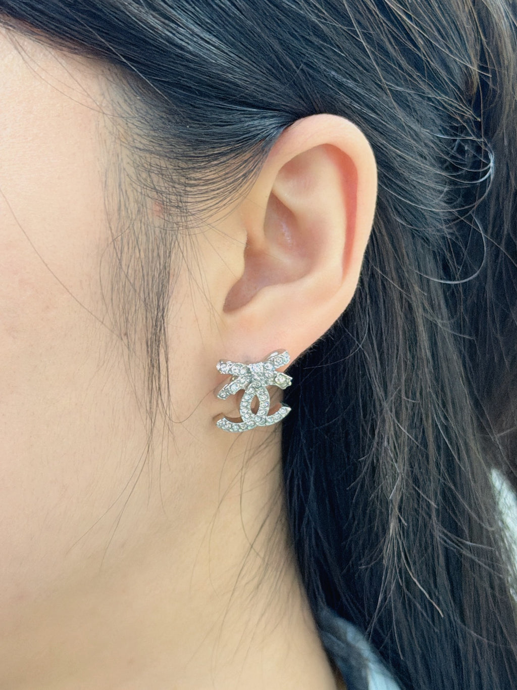 Chanel Classic Ribbon Bow CC Logo Crystal Embellished Stud Earrings
