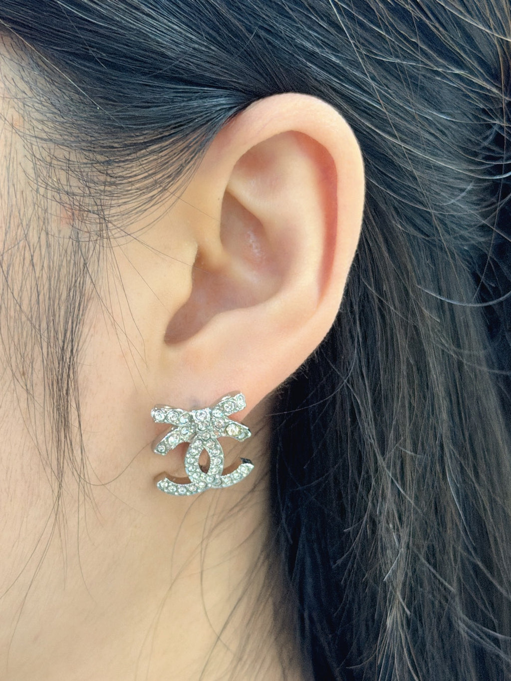 Chanel Classic Ribbon Bow CC Logo Crystal Embellished Stud Earrings