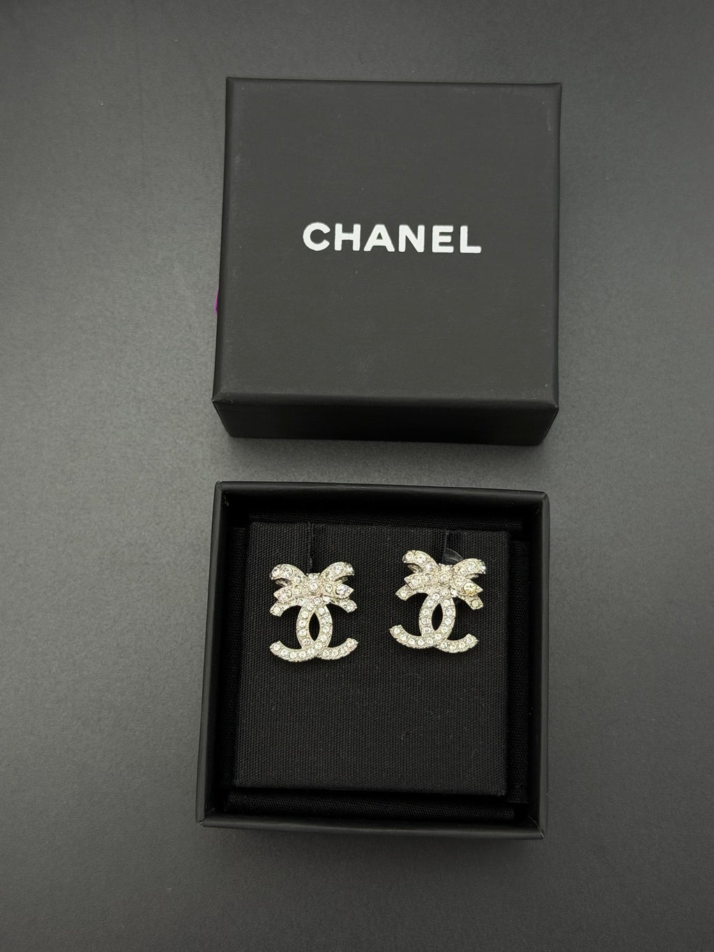 Chanel Classic Ribbon Bow CC Logo Crystal Embellished Stud Earrings