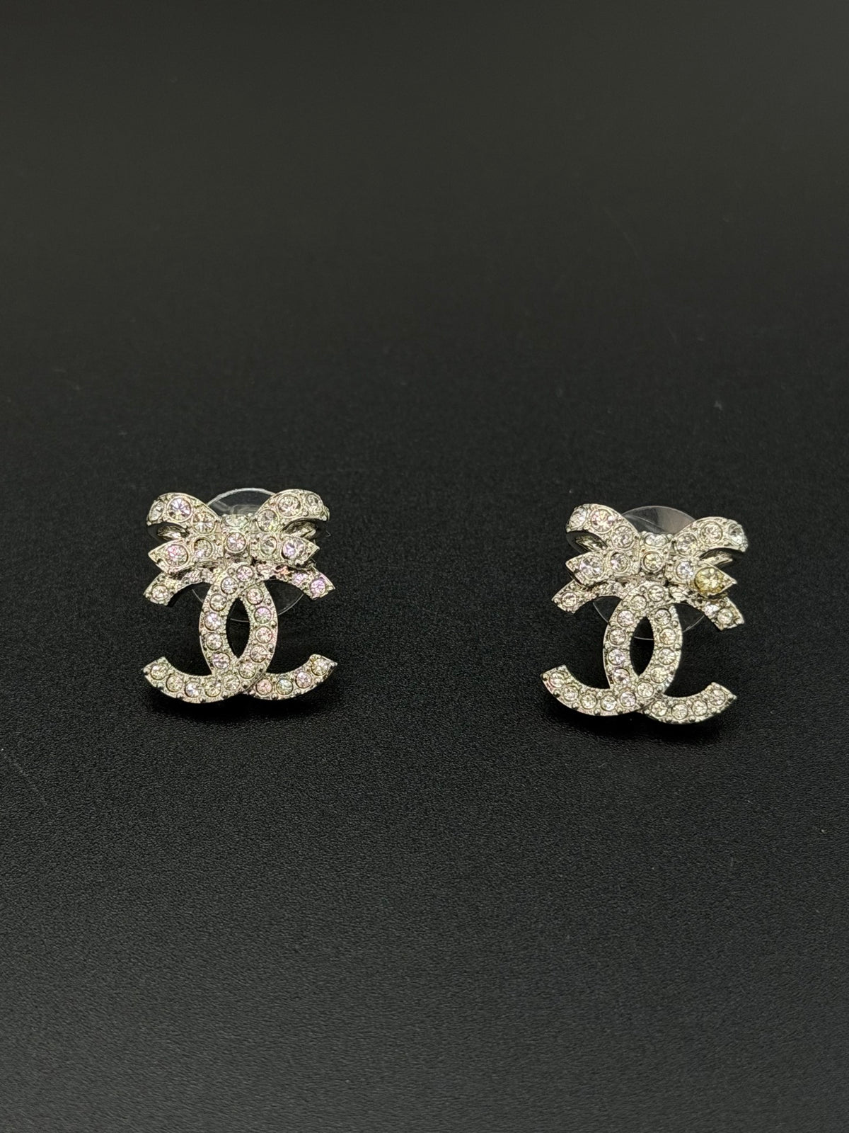 Chanel Classic Ribbon Bow CC Logo Crystal Embellished Stud Earrings