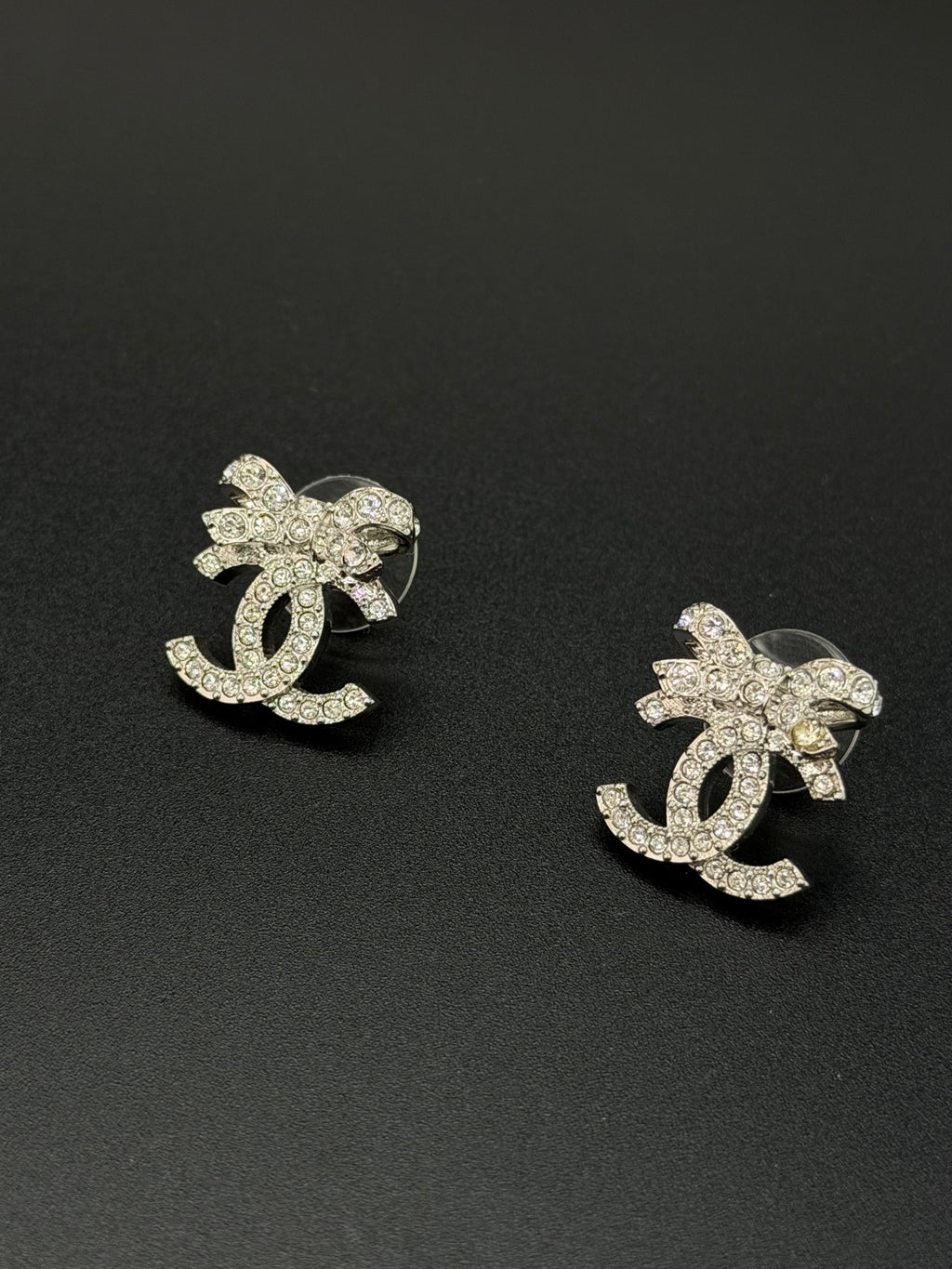 Chanel Classic Ribbon Bow CC Logo Crystal Embellished Stud Earrings