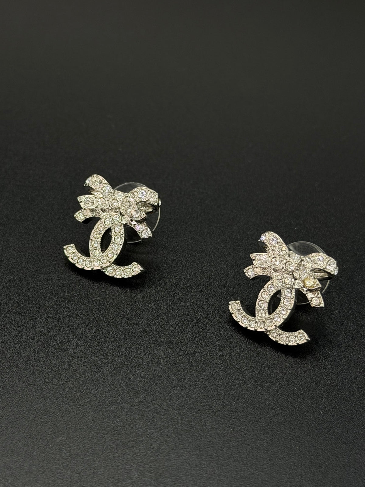 Chanel Classic Ribbon Bow CC Logo Crystal Embellished Stud Earrings