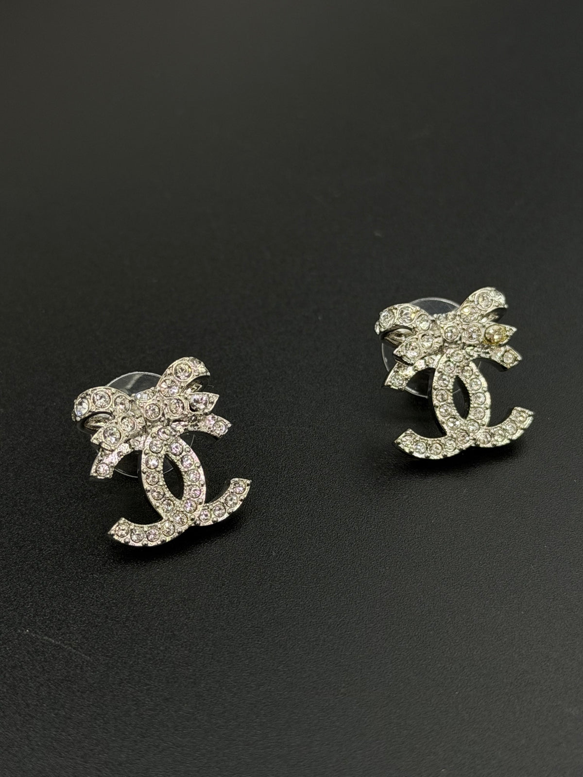 Chanel Classic Ribbon Bow CC Logo Crystal Embellished Stud Earrings