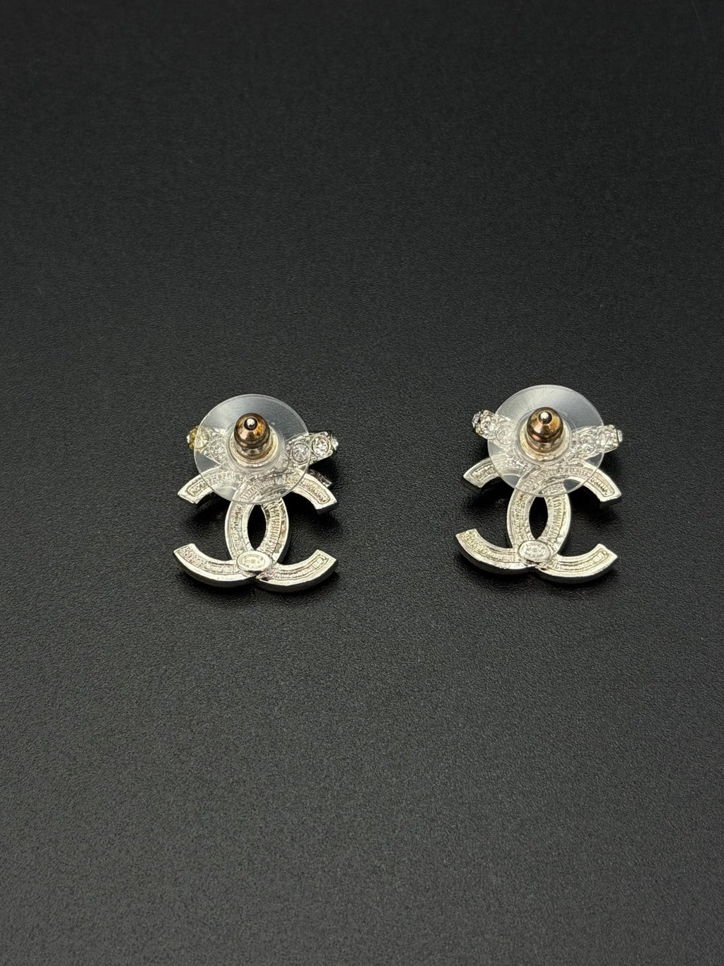 Chanel Classic Ribbon Bow CC Logo Crystal Embellished Stud Earrings