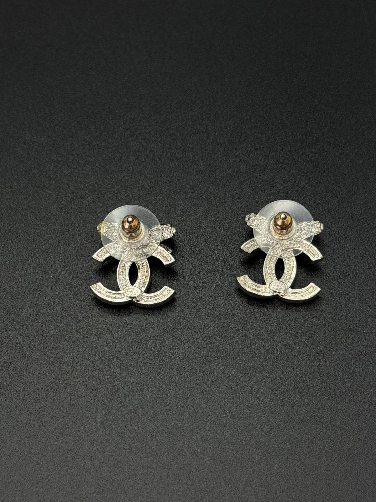 Chanel Classic Ribbon Bow CC Logo Crystal Embellished Stud Earrings