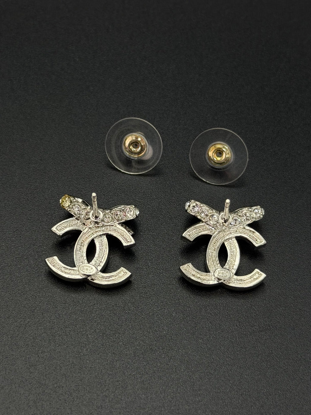 Chanel Classic Ribbon Bow CC Logo Crystal Embellished Stud Earrings