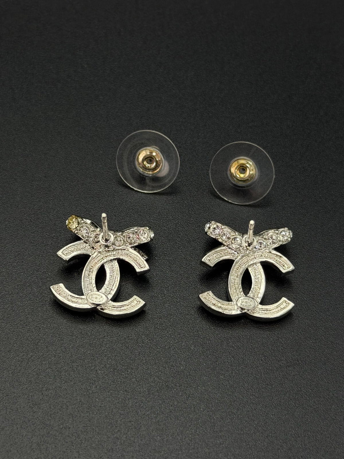 Chanel Classic Ribbon Bow CC Logo Crystal Embellished Stud Earrings