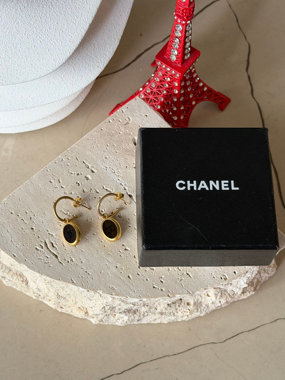 CHANEL CC Logo Oval Black Resin Dangle Hoop Earrings