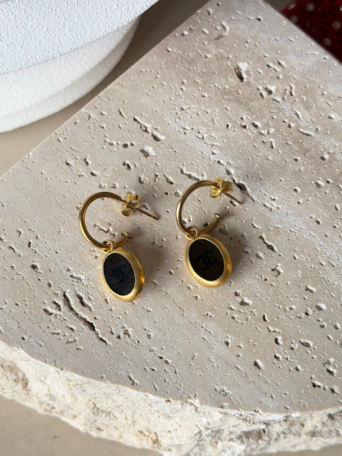 CHANEL CC Logo Oval Black Resin Dangle Hoop Earrings