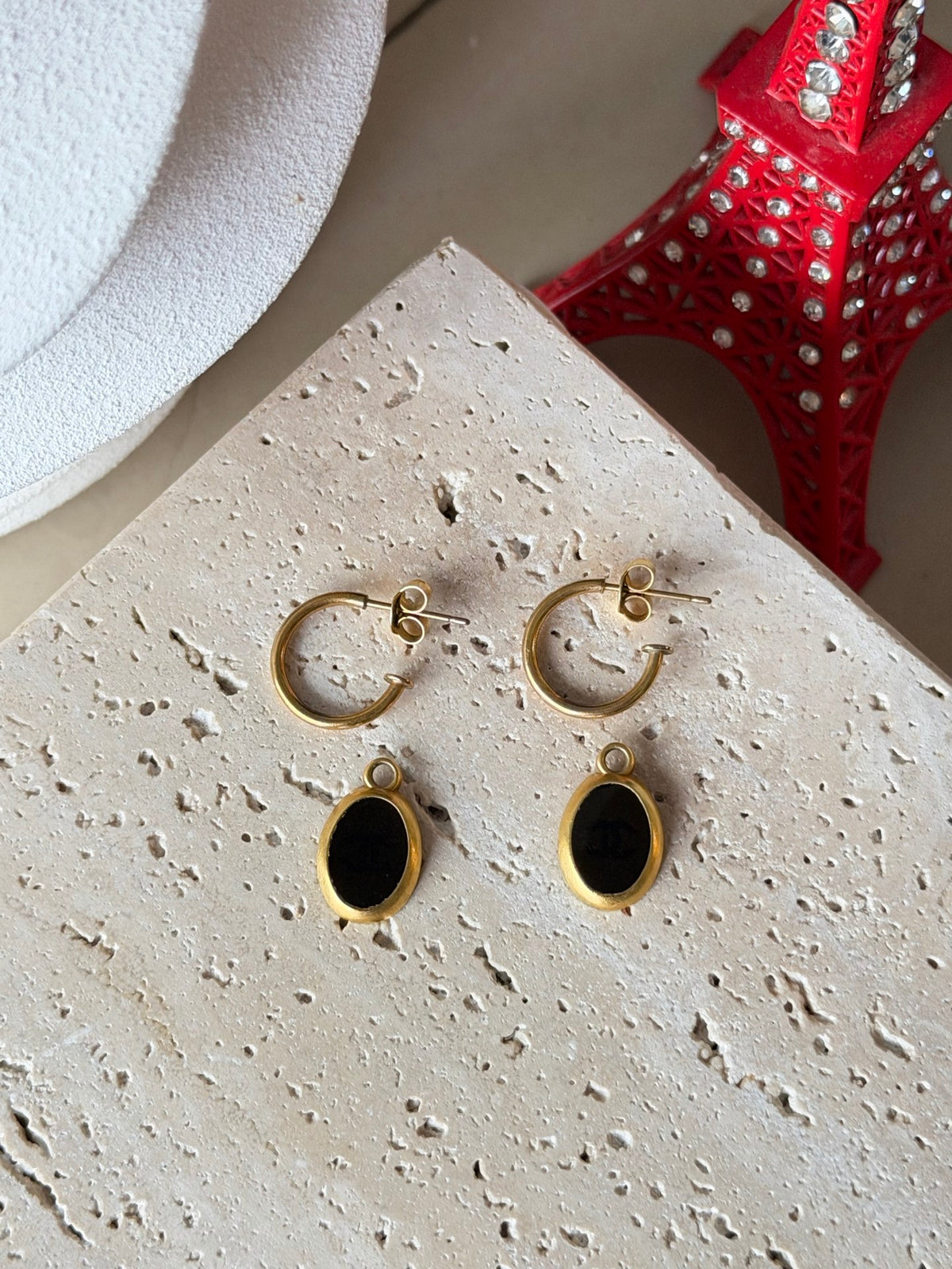 CHANEL CC Logo Oval Black Resin Dangle Hoop Earrings
