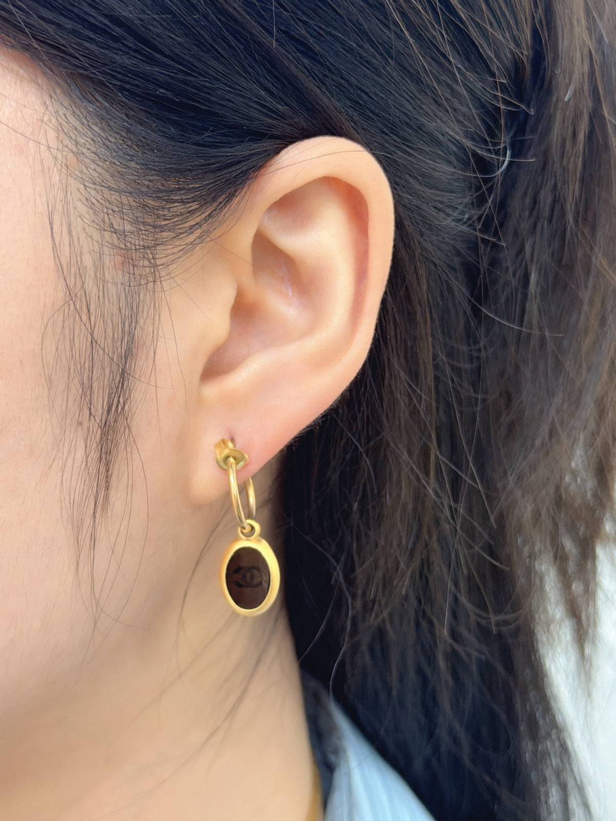 CHANEL CC Logo Oval Black Resin Dangle Hoop Earrings