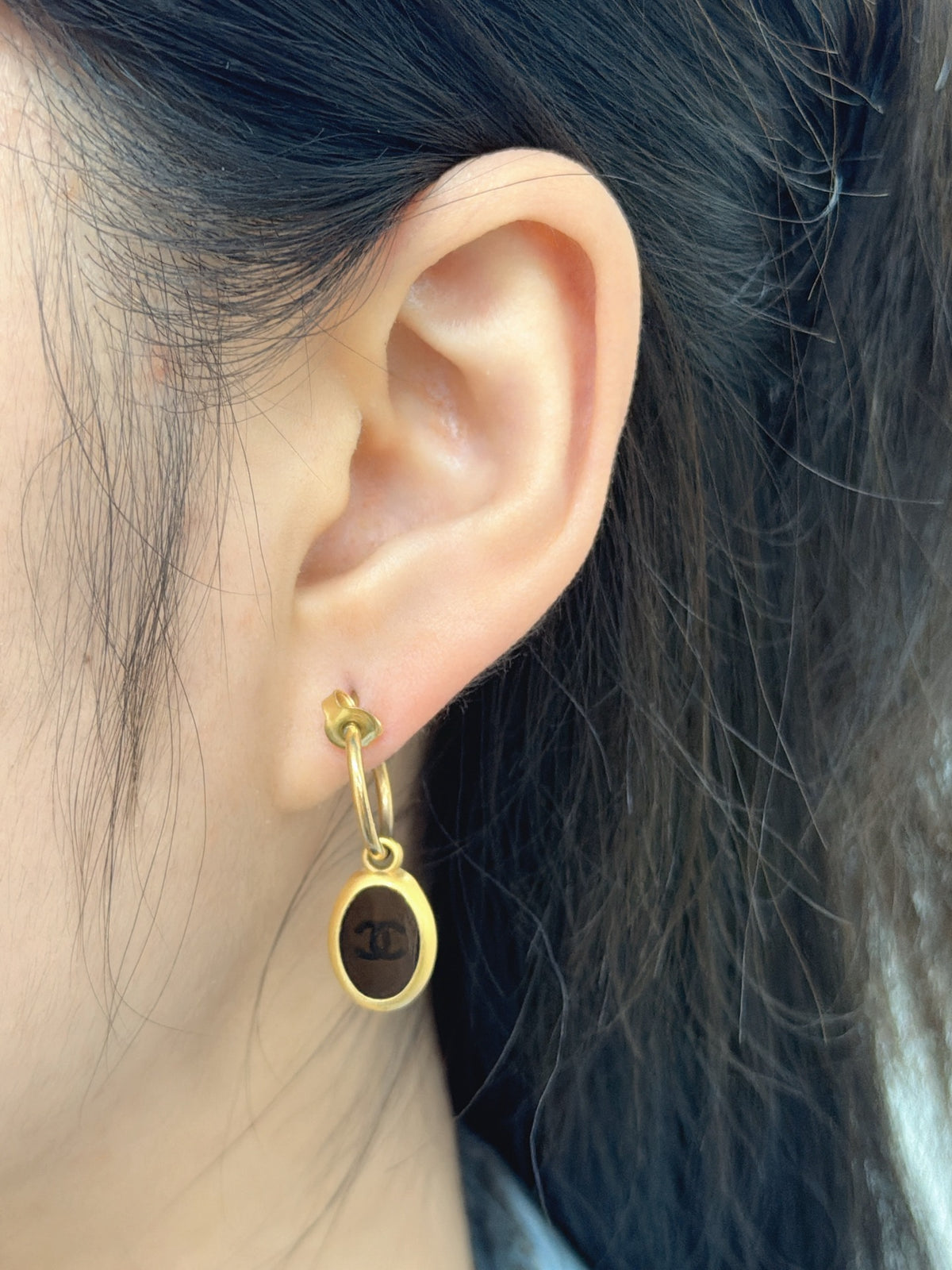 CHANEL CC Logo Oval Black Resin Dangle Hoop Earrings