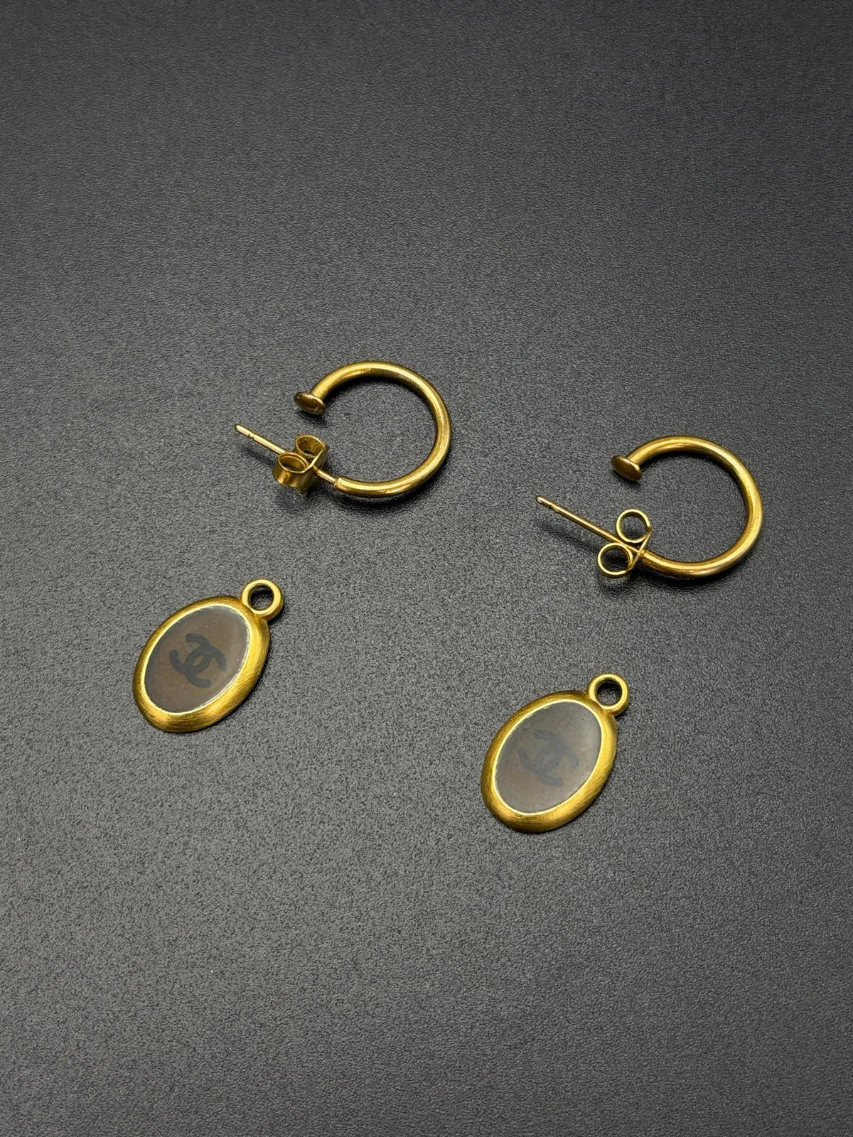 CHANEL CC Logo Oval Black Resin Dangle Hoop Earrings