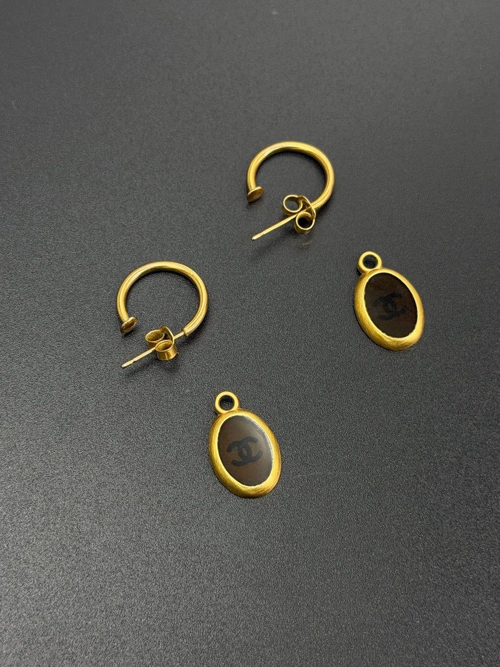 CHANEL CC Logo Oval Black Resin Dangle Hoop Earrings