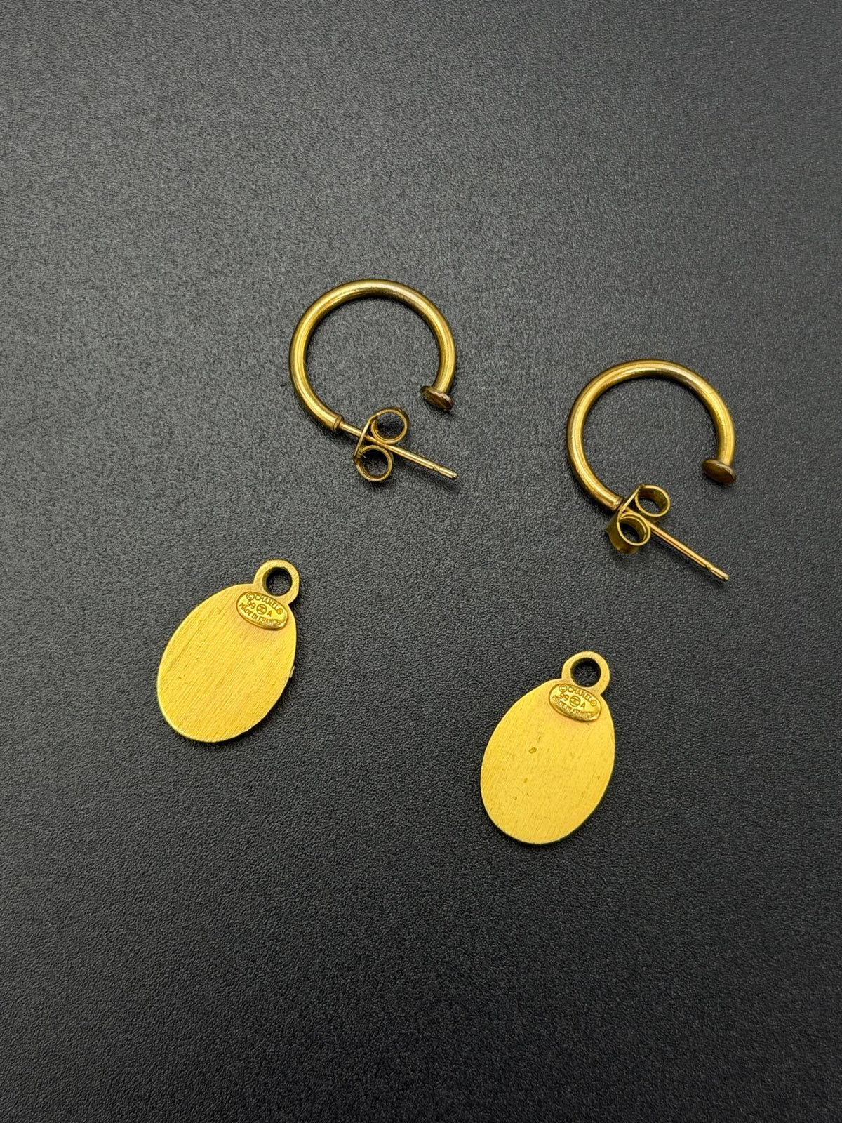 CHANEL CC Logo Oval Black Resin Dangle Hoop Earrings